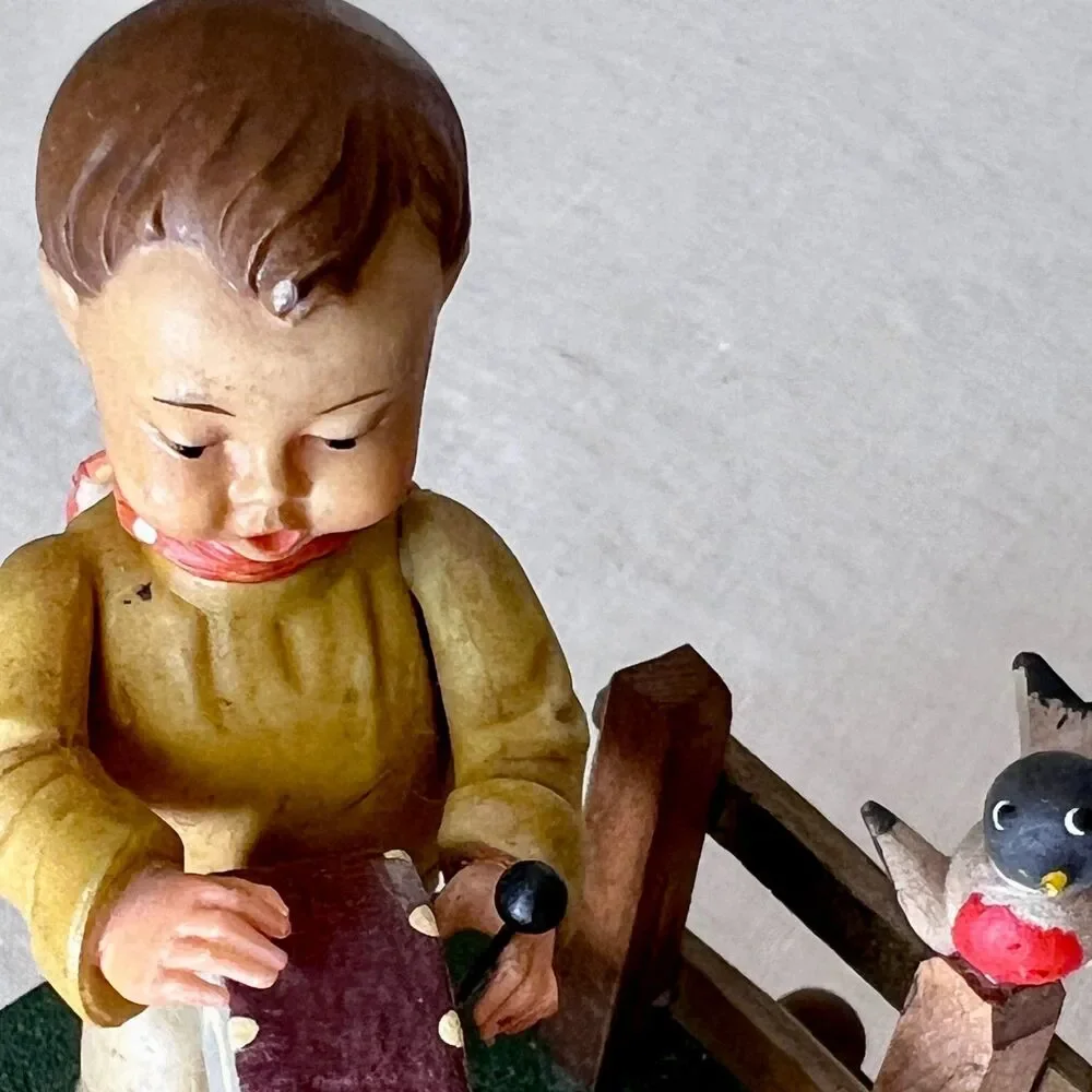VTG Anri Reuge Rotating Music Box Boy/Bird Plays The Little Drummer Boy WORKING